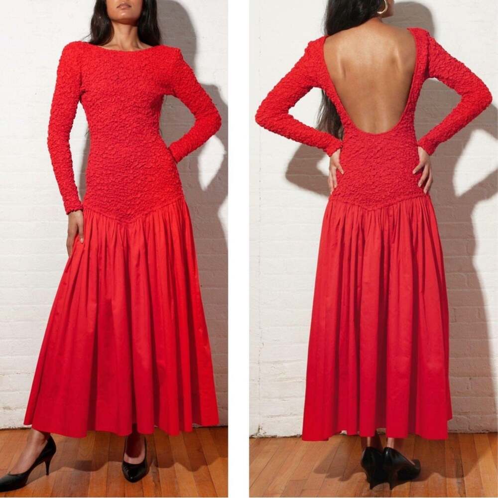 MARA HOFFMAN Mereba Popcorn Long Sleeve Open Back Red Maxi Dress Size XL